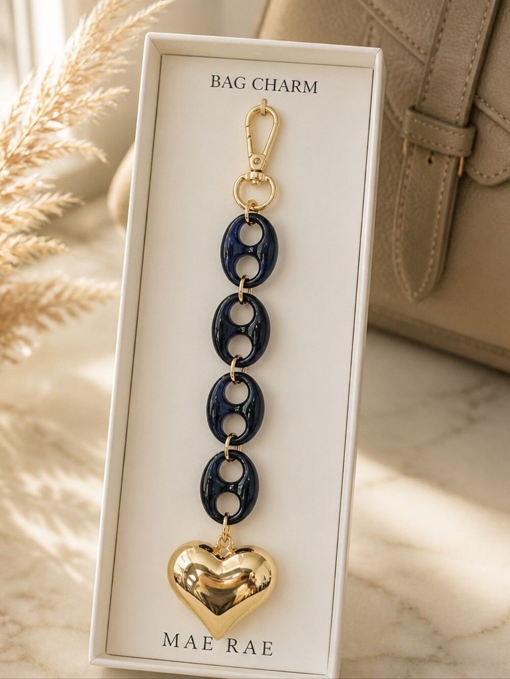 Navy and Gold Heart Bag Charm Keychain